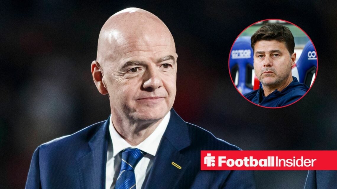 FIFA president Gianni Infantino glances towards a circular inset, where USA manager Mauricio Pochettino stares back at him from the dugout.