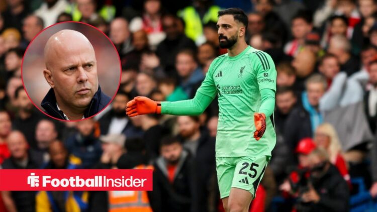 Liverpool goalkeeper Giorgi Mamardashvili alongside a circular inset of Arne Slot