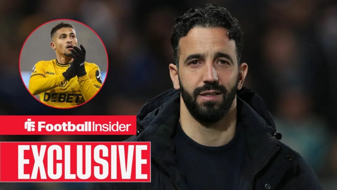 Ruben Amorim next to a circular inset of Joao Gomes