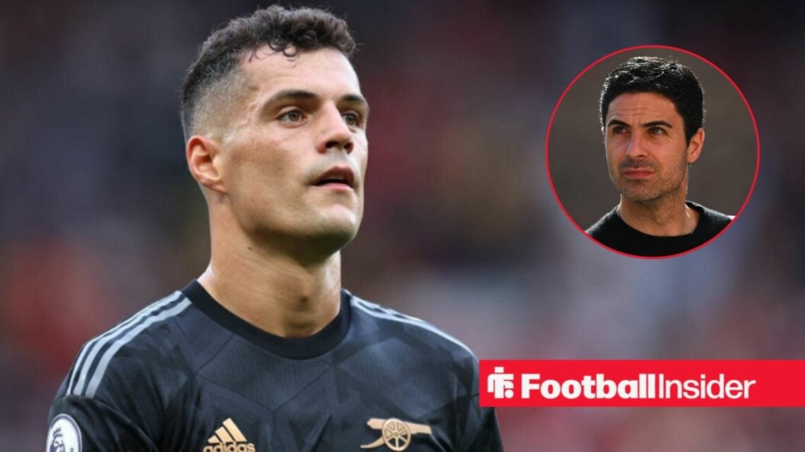 Midfielder Granit Xhaka alongside a circular inset of Mikel Arteta