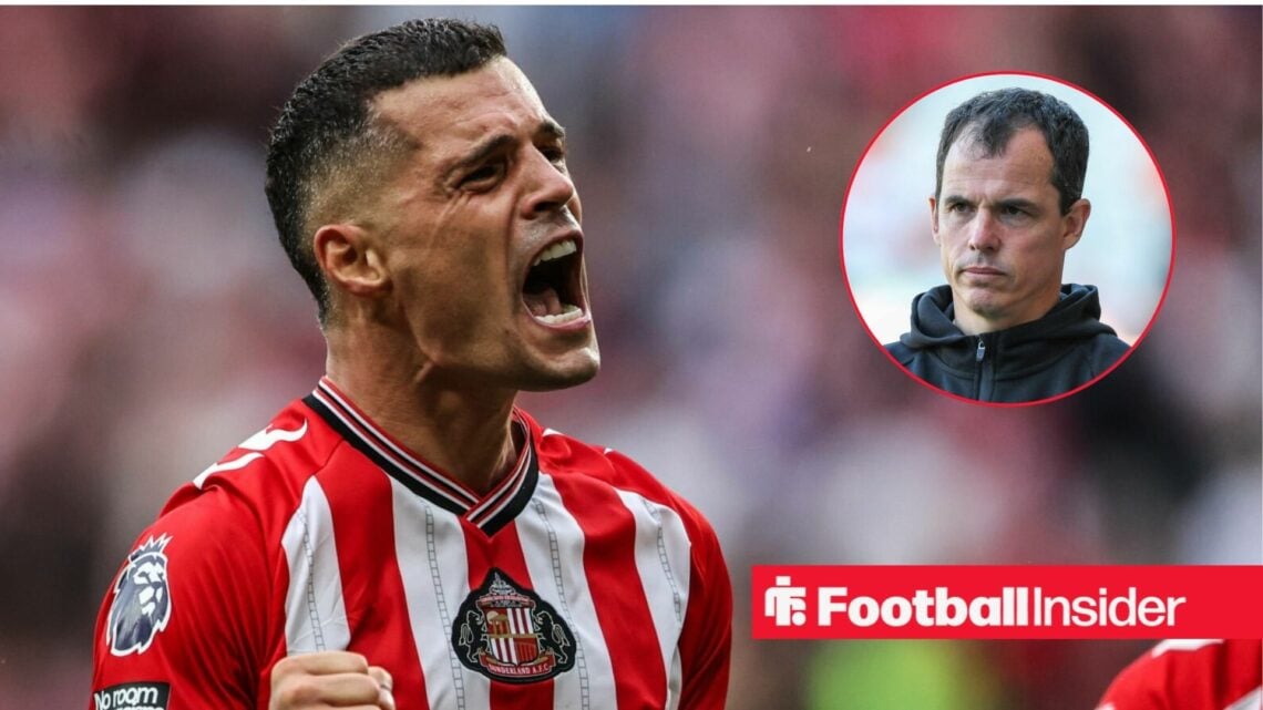 Granit Xhaka in action for Sunderland, with Regis Le Bris in a circular inset