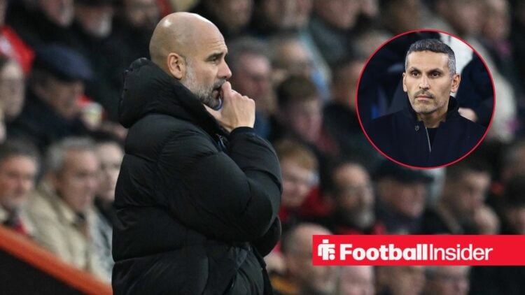 Pep Guardiola next to a circular inset of Khaldoon Al Mubarak