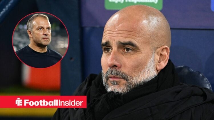 Pep Guardiola next to a circular inset of Hansi Flick