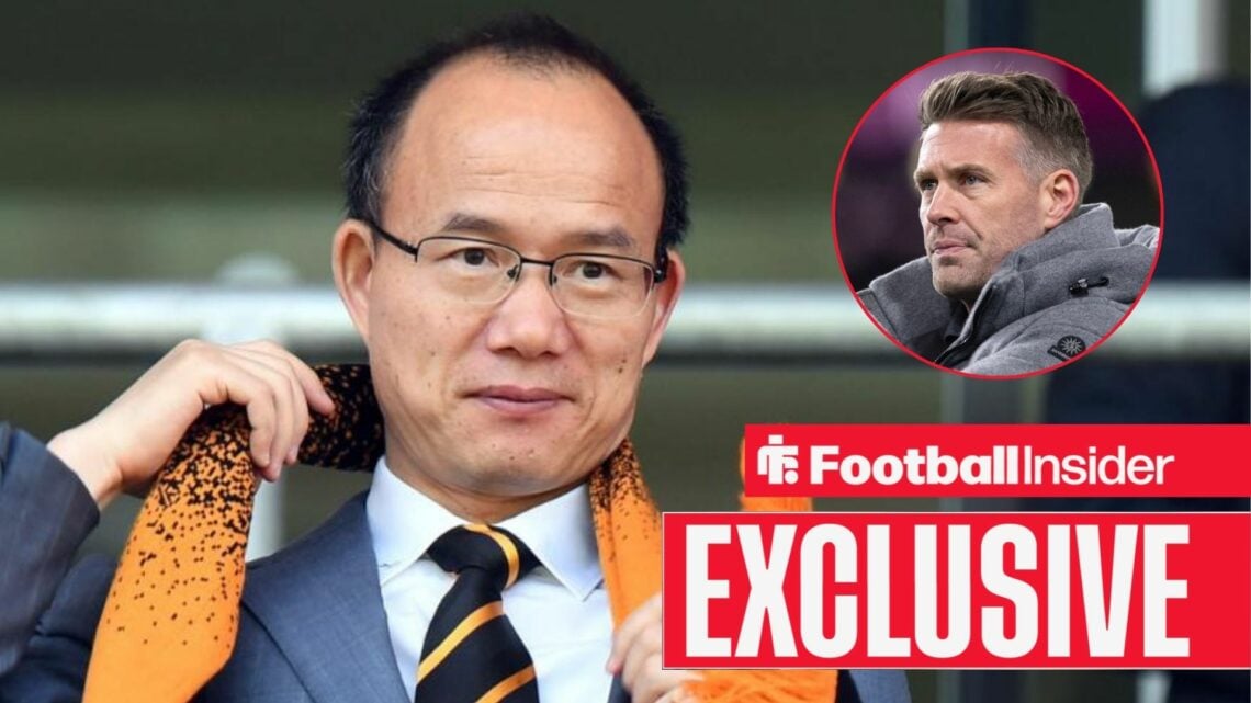 Guo Guangchang wearing a Wolves scarf with Rob Edwards included in a circular inset