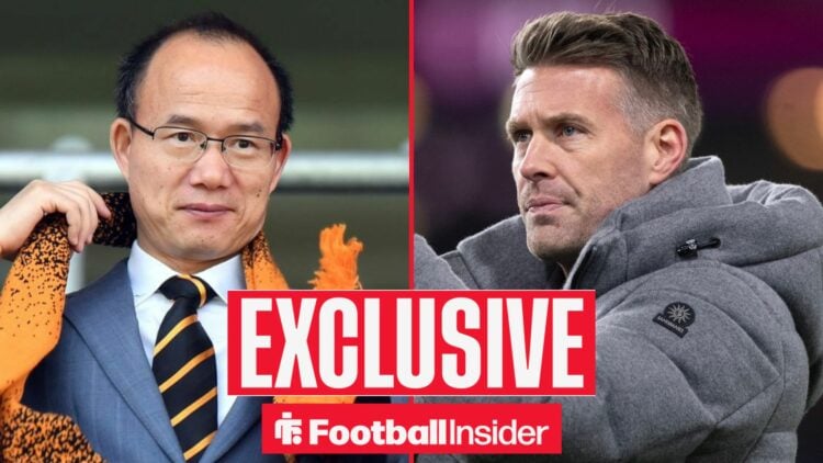 Guo Guangchang with a Wolves scarf alongside Rob Edwards looking serious