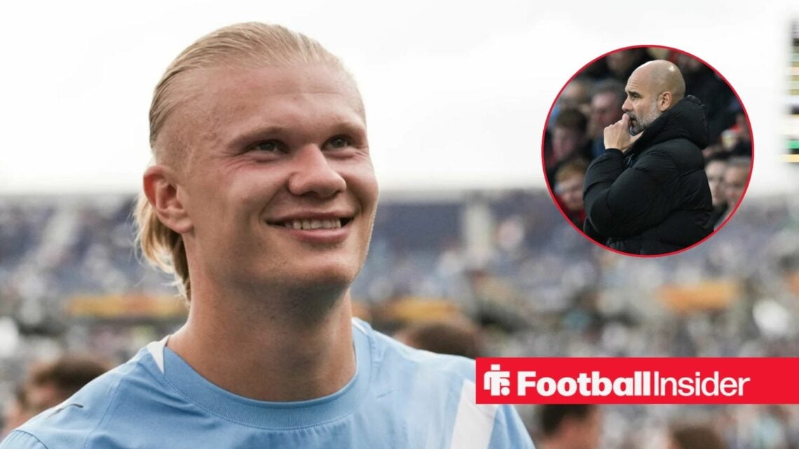 Erling Haaland next to a circular inset of Pep Guardiola