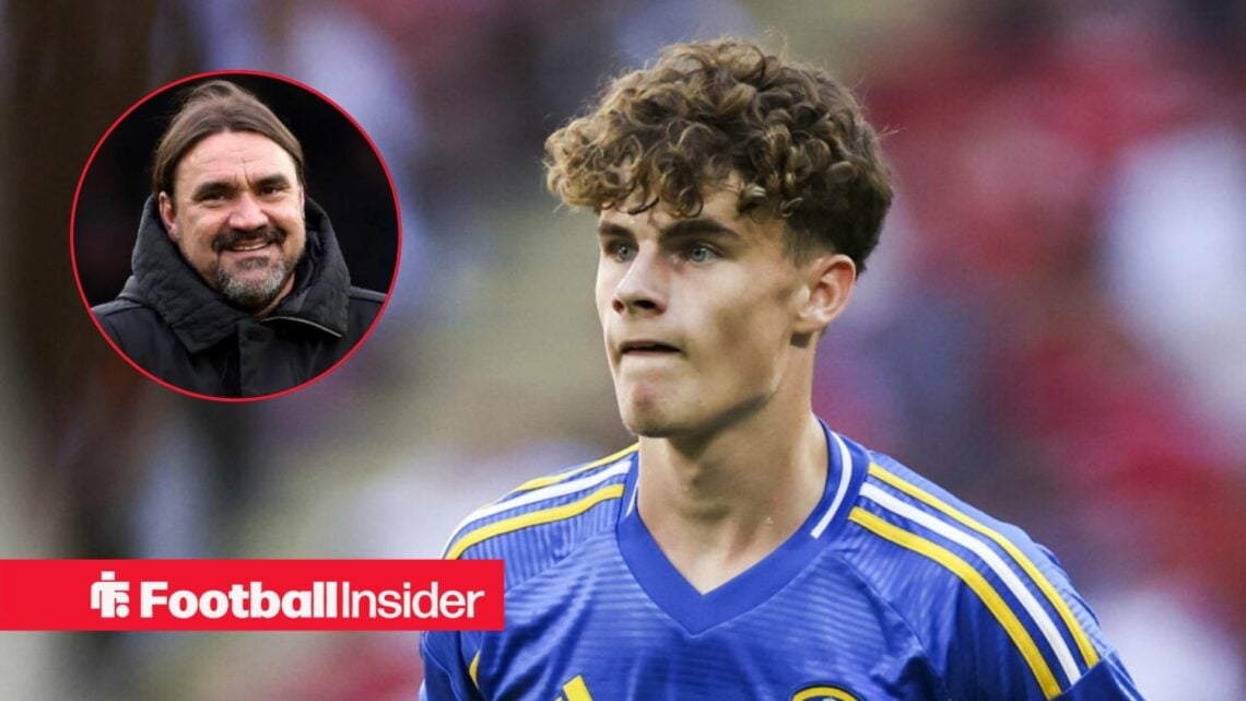 Harry Gray in action for Leeds United with Daniel Farke in a circular inset