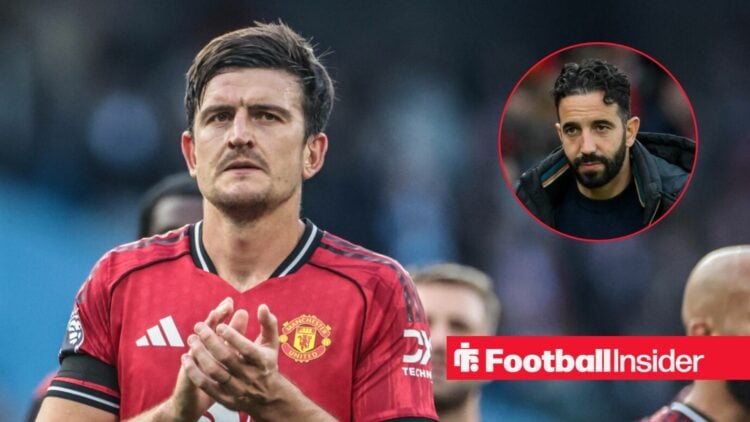 Harry Maguire applauding at Man United, with Ruben Amorim in a circular inset