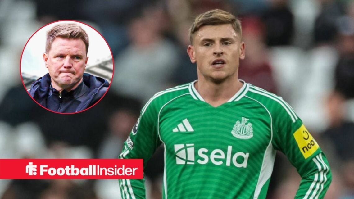 Harvey Barnes in action for Newcastle, with Eddie Howe in a circular inset