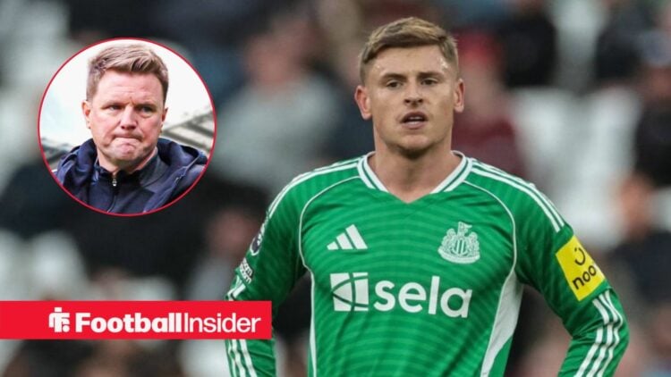 Harvey Barnes in action for Newcastle, with Eddie Howe in a circular inset