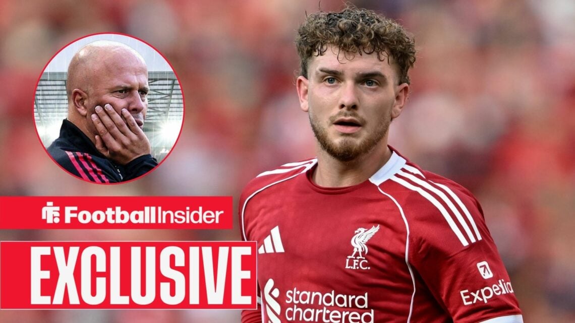 Football Insider exclusive as Harvey Elliott is in action for Liverpool, while manager Arne Slot has his hand on his face in a circular inset.