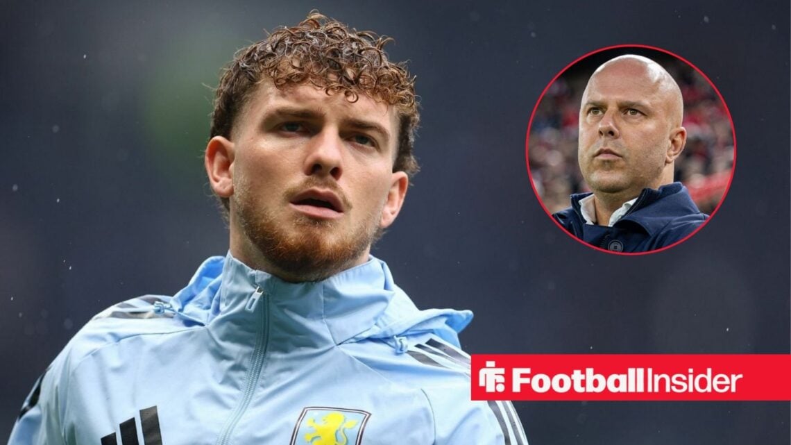 Harvey Elliott during a warm-up for Aston Villa, with Arne Slot in a circular inset