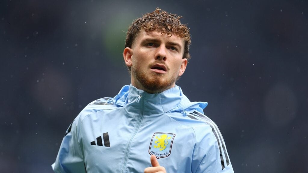 Harvey Elliott warming up at Aston Villa