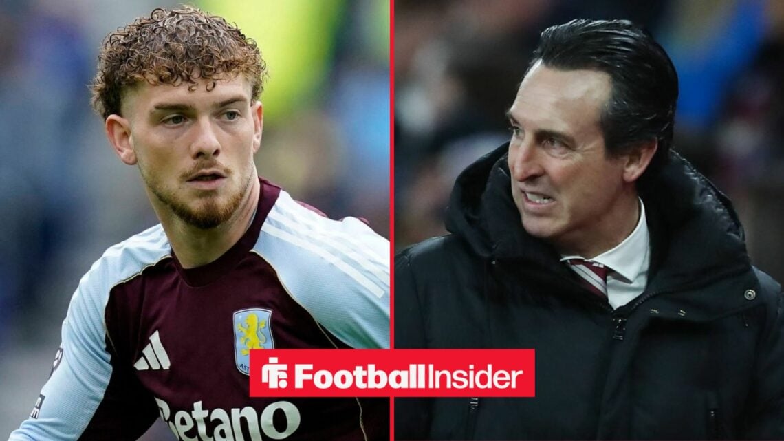 Harvey Elliott in action for Aston Villa, with Unai Emery in a circular inset