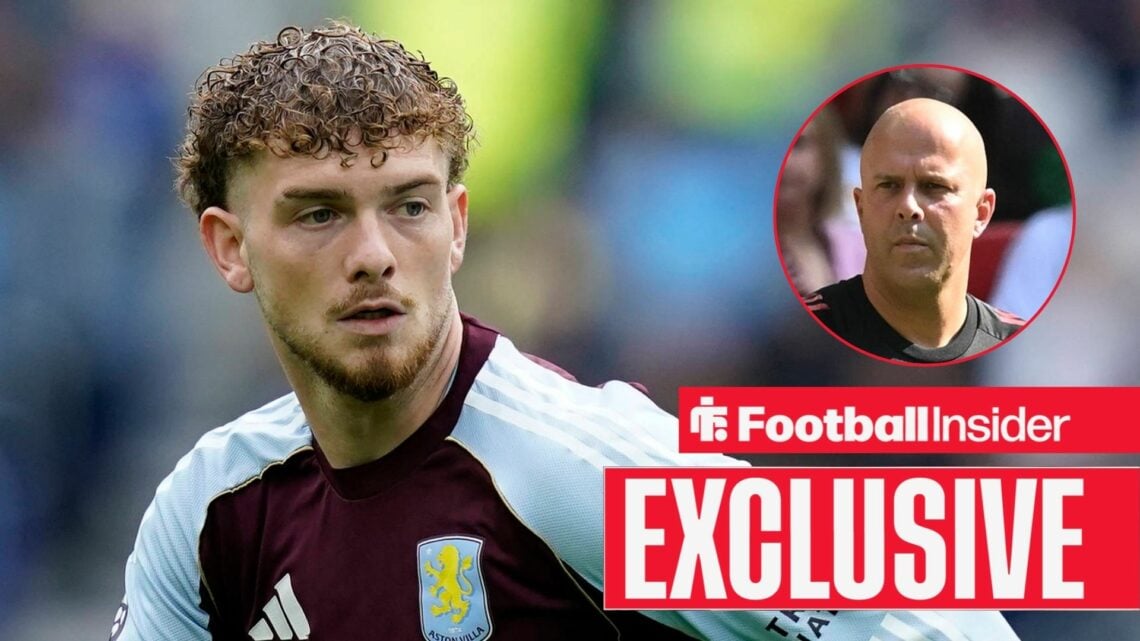 Harvey Elliott looking focused for Aston Villa with Arne Slot serious on the right