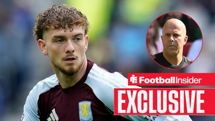 Harvey Elliott looking focused for Aston Villa with Arne Slot serious on the right