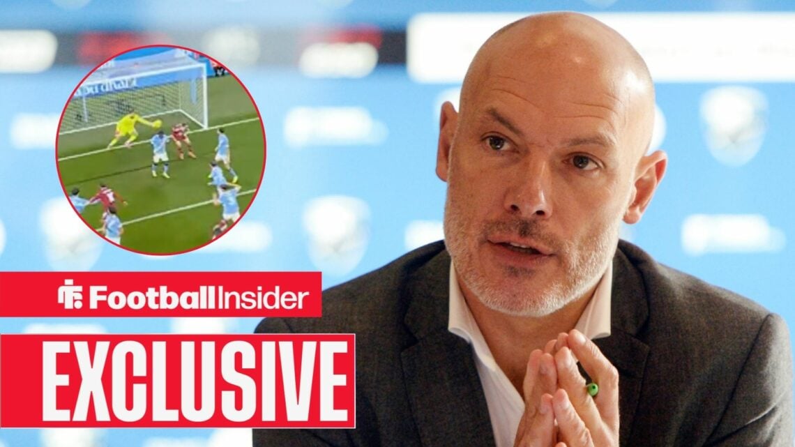 Howard Webb in a press conference, Liverpool's disallowed goal vs Man City in a circular inset