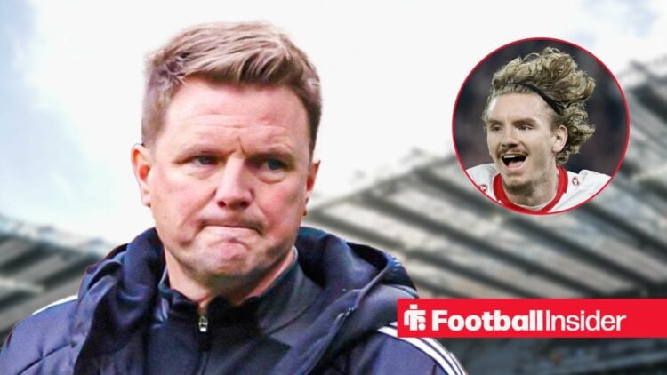 Eddie Howe next to a circular inset of Nick Woltemade