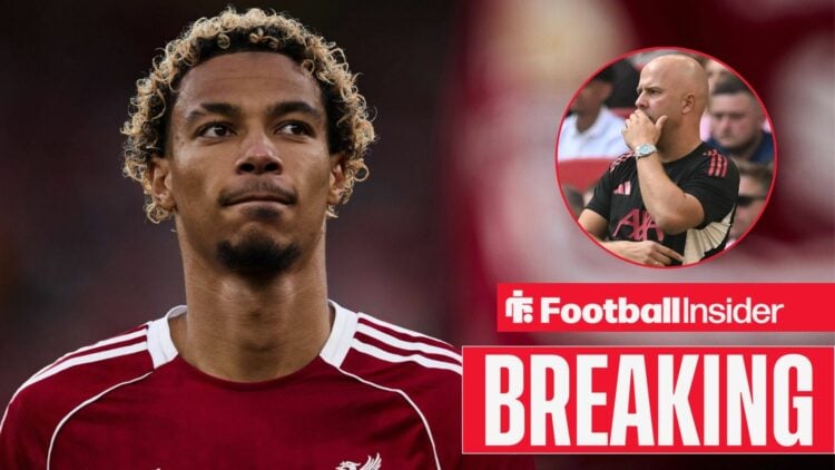 Hugo Ekitike playing for Liverpool, Arne Slot in a circular inset