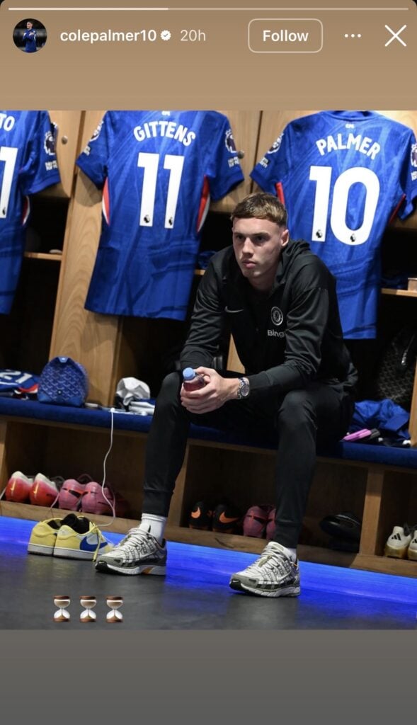A screenshot of Cole Palmer's Instagram story, which features him sitting in the dressing room before a Chelsea game.