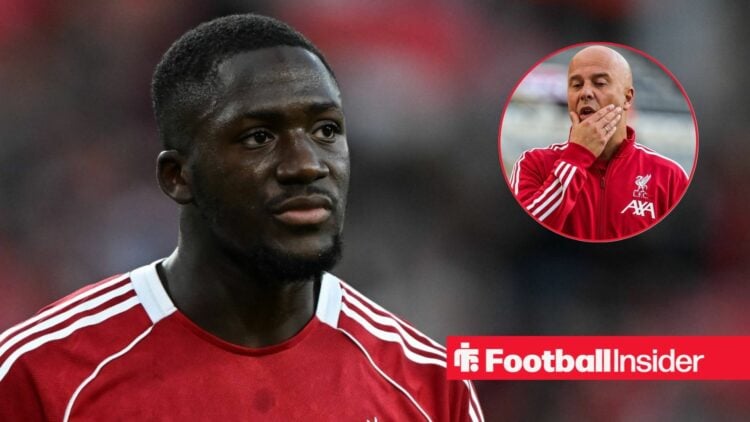 Ibrahima Konate playing for Liverpool, Arne Slot in a circular inset