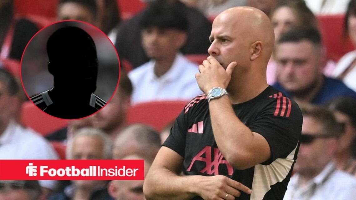 Ibrahima Konate's silhouette on the left with Arne Slot gobsmacked on the right for Liverpool