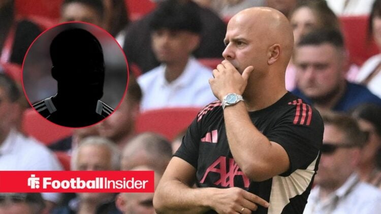 Ibrahima Konate's silhouette on the left with Arne Slot gobsmacked on the right for Liverpool