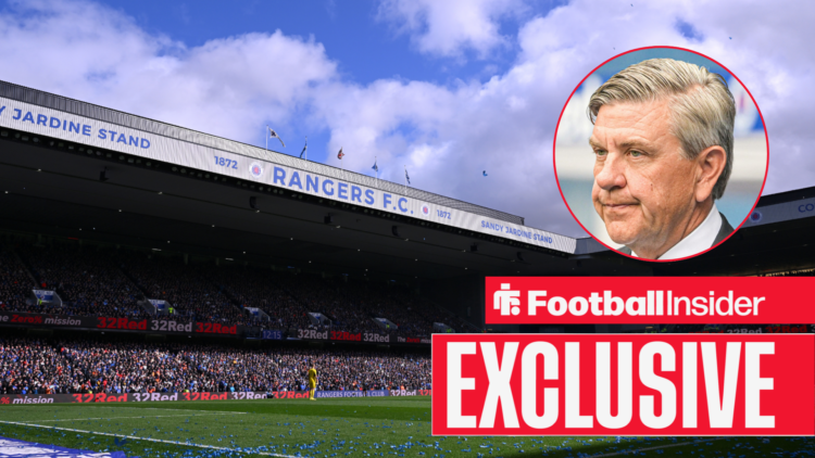 Ibrox Stadium alongside a circular inset of Rangers owner Andrew Cavenagh