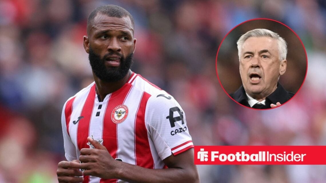 Igor Thiago looking focused for Brentford on the left with a vocal Carlo Ancelotti on the right