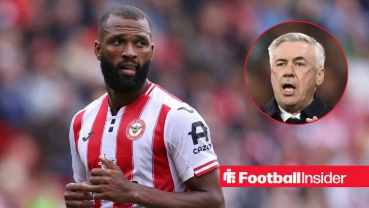 Igor Thiago looking focused for Brentford on the left with a vocal Carlo Ancelotti on the right