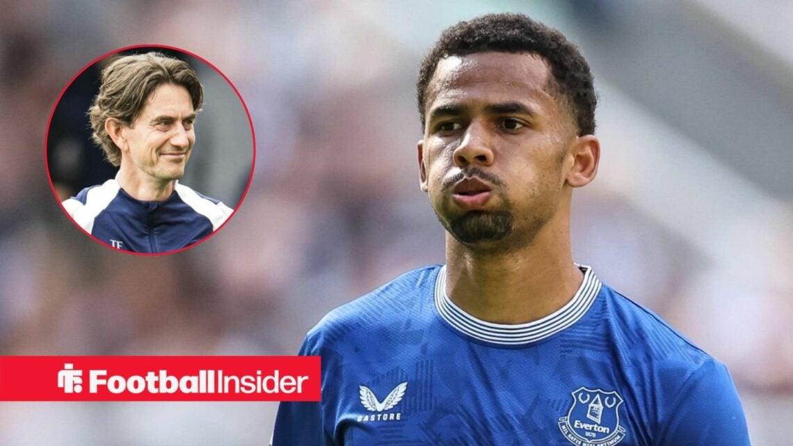 Iliman Ndiaye in action for Everton, with Thomas Frank in a circular inset