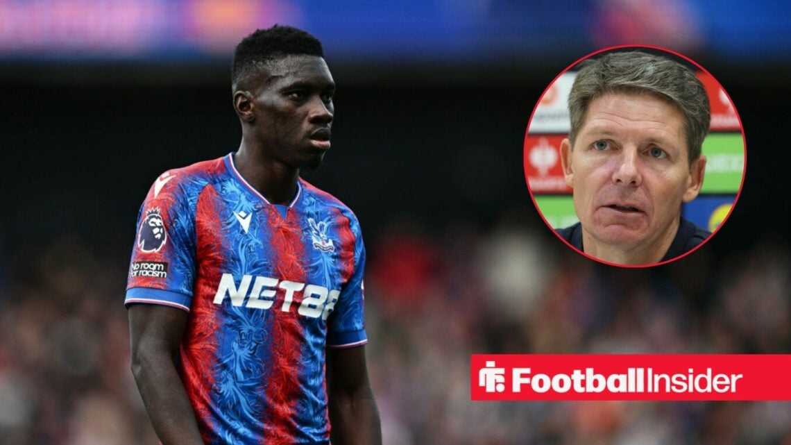 Ismaila Sarr looking focused for Crystal Palace on the left with a serious Oliver Glasner on the right