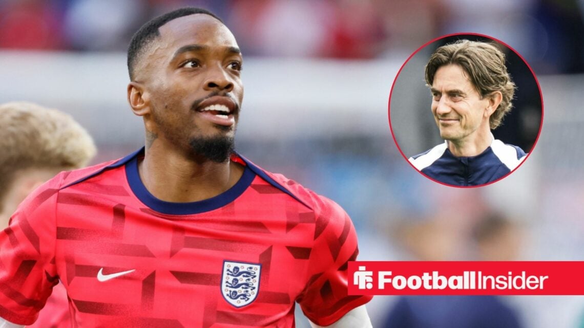 Ivan Toney in a warm-up with England, with Thomas Frank in a circular inset