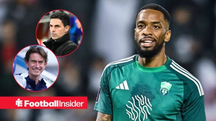 Ivan Toney playing for Al Ahli, Thomas Frank and Mikel Arteta in circular insets
