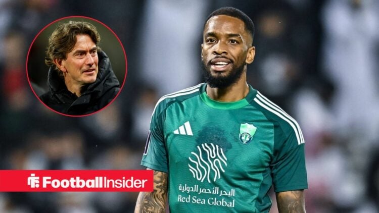 Ivan Toney in an Al-Ahli shirt with Thomas Frank included in a circular inset