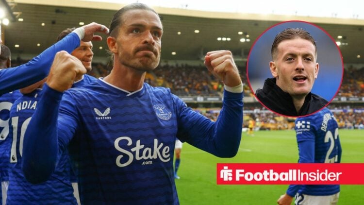 Jack Grealish celebrates a goal for Everton as Jordan Pickford features in a circular inset.