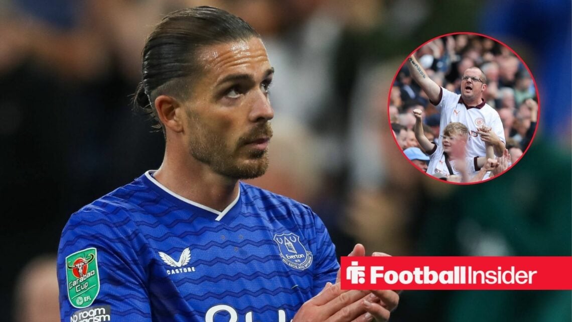 Everton loan star Jack Grealish applauds while glancing towards a circular inset, where a Manchester City fan celebrates.