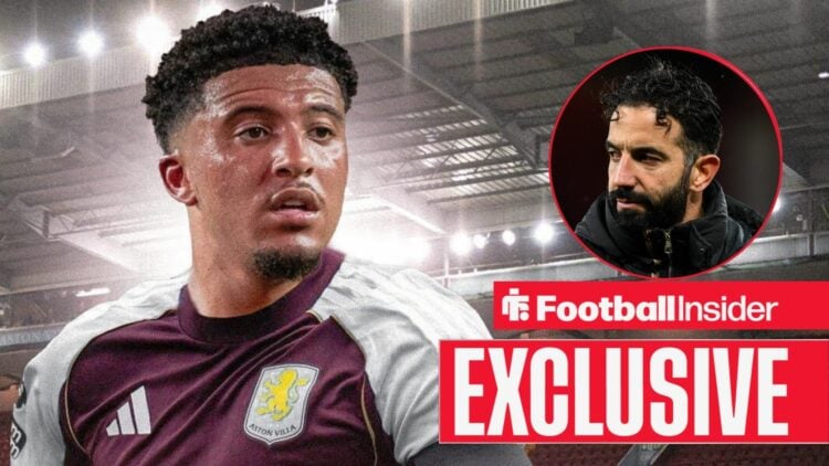 Jadon Sancho looking focused on the left for Aston Villa with Ruben Amorim angry on the right as Man United manager