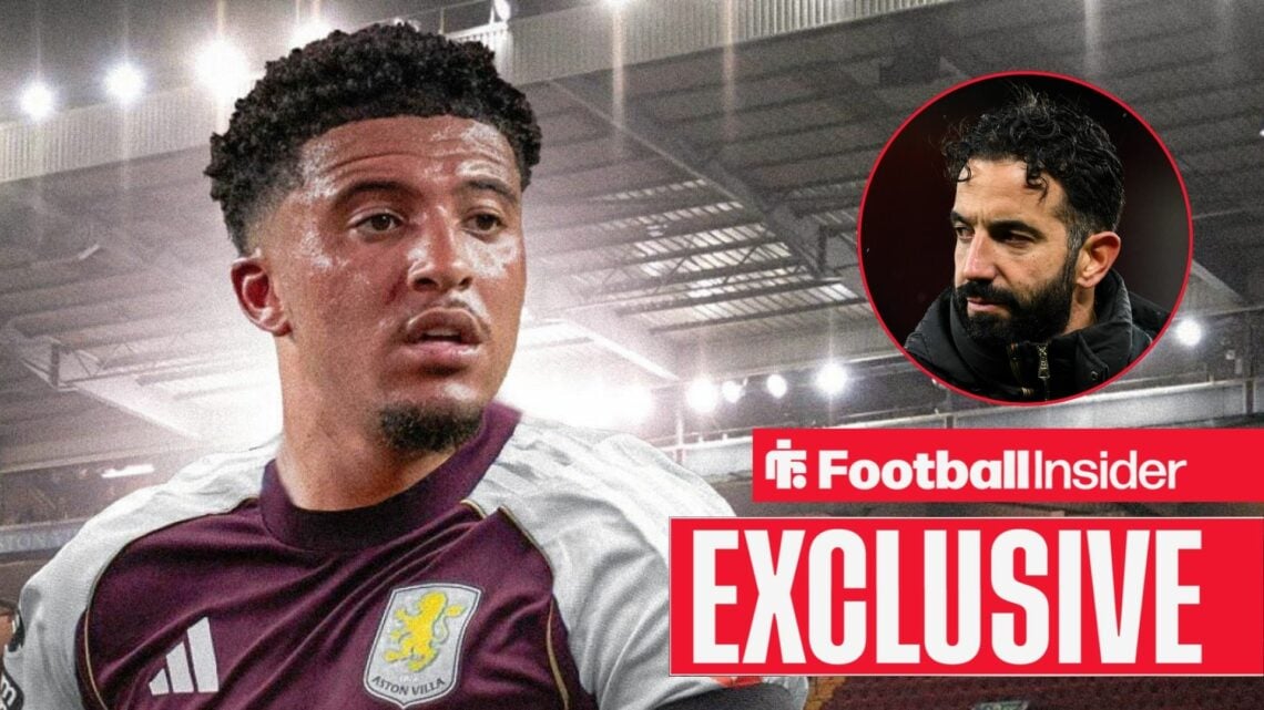 Jadon Sancho looking focused on the left for Aston Villa and Ruben Amorim looking serious on the right