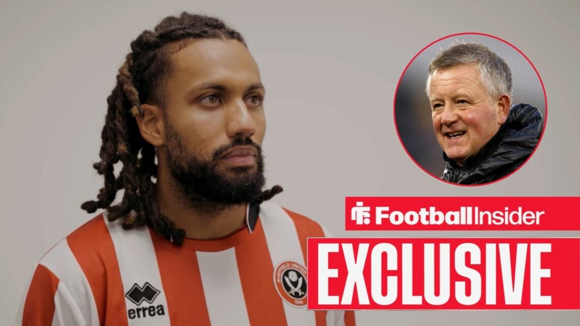 Jairo Riedewald in an interview for Sheffield United, with Chris Wilder in a circular inset