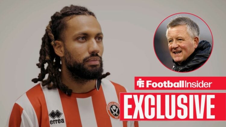 Jairo Riedewald in an interview for Sheffield United, with Chris Wilder in a circular inset