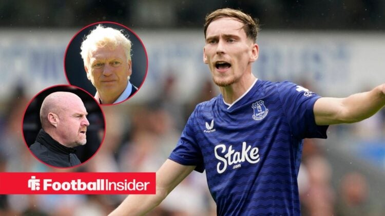 James Garner in action during a game for Everton, as manager David Moyes and Nottingham Forest boss Sean Dyche watch on from circular insets.