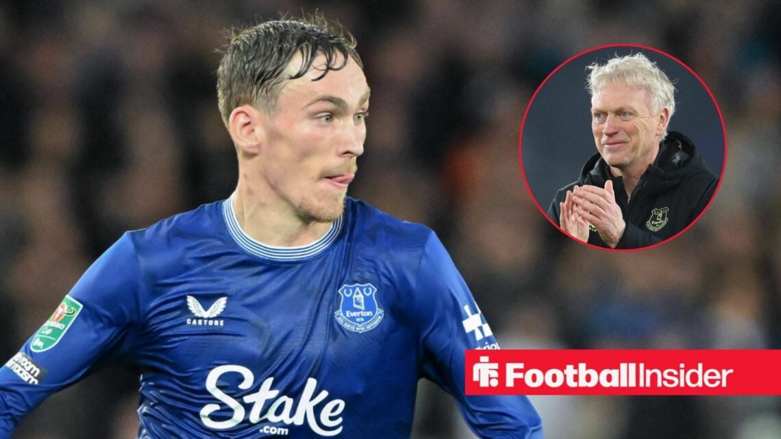 James Garner in action for Everton, with David Moyes in a circular inset