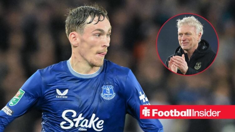 James Garner in action for Everton, with David Moyes in a circular inset