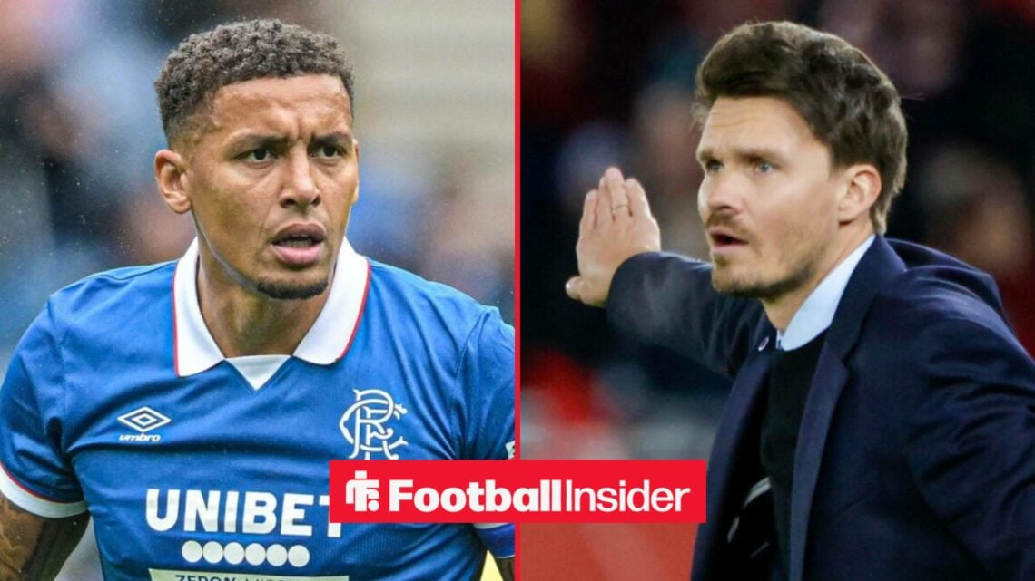 James Tavernier in action for Rangers, with Danny Rohl on the sidelines