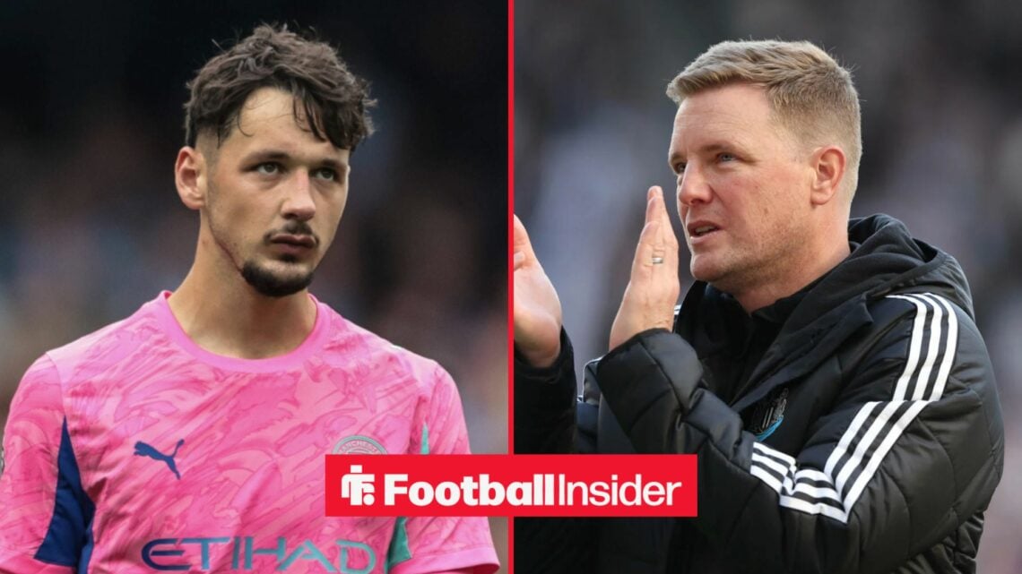 James Trafford in goal for Man City, with Eddie Howe applauding at Newcastle