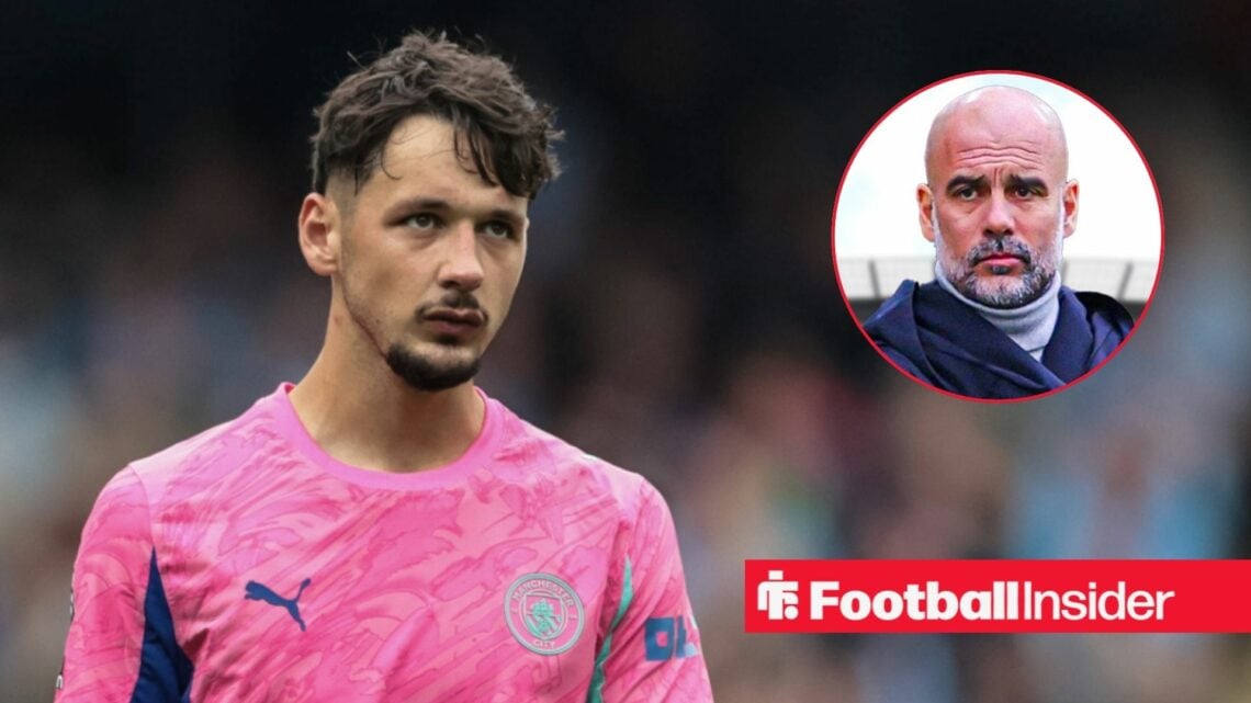 James Trafford in action for Man City, with Pep Guardiola in a circular inset