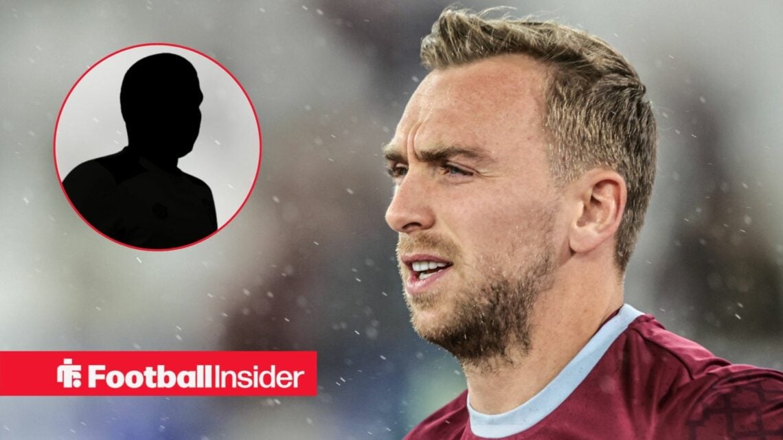 Jarrod Bowen in a West Ham shirt, El Hadji Malick Diouf's silhouette in a circular inset