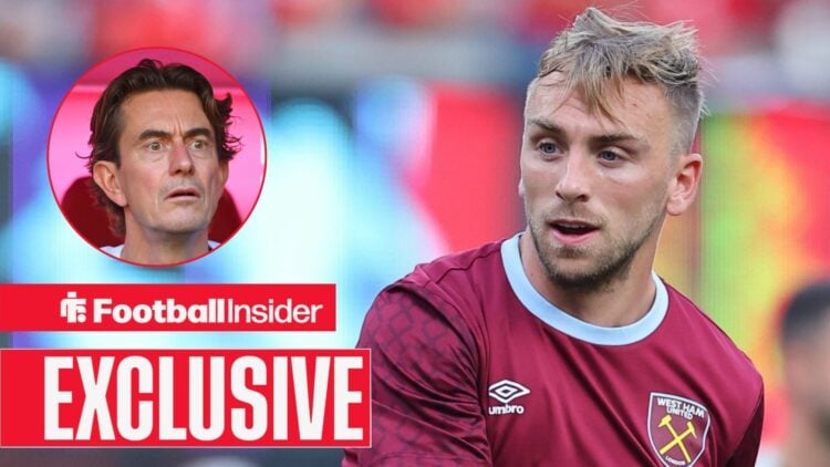 Thomas Frank looking shocked on the left with Jarrod Bowen focused on the right