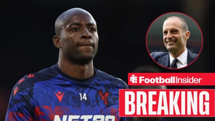 Jean-Philippe Mateta in a warm-up for Crystal Palace, with Max Allegri in a circular inset